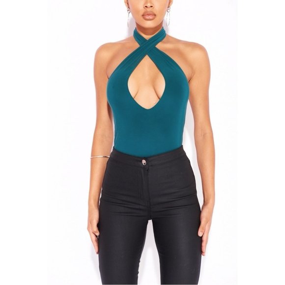 Green Sleeveless Halter Neck Keyhole Open Back Bodycon Bodysuit Top - Picture 8 of 13